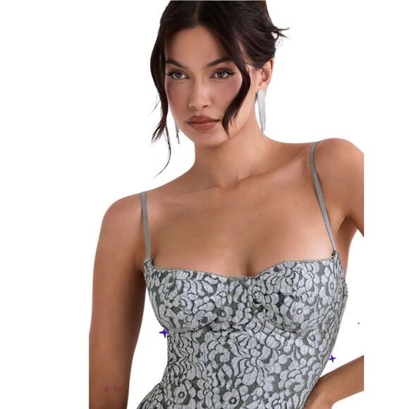 House Off CB KATJA Silver Metallic Lace Corset Dress Size Large Plus Cup - Picture 13 of 15